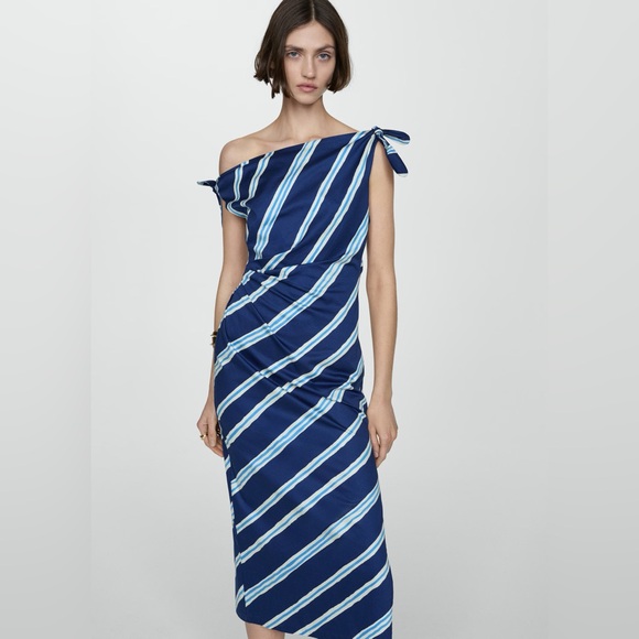 Mango Dresses & Skirts - Mango One Shoulder Blue Striped dress with bare shoulders NWT